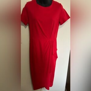 Homeyee size M, Red Short Sleeve pencil Dress with side ruffles NWT